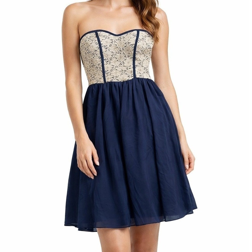 Prevett Dress Womens Medium‎ Blue Cream Sweetheart Strapless Lace Chiffon Anthro